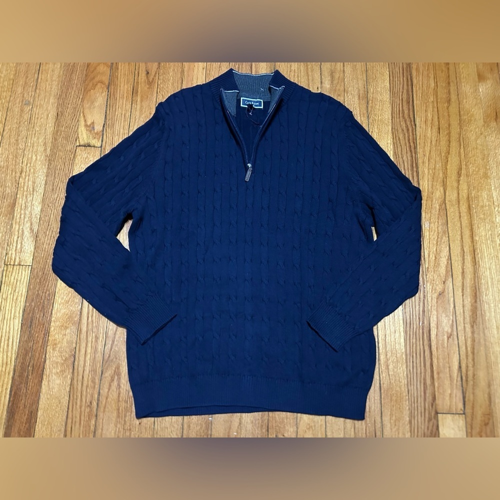 Club Room Men's Navy Blue‎ Pima Cotton 1/4 Cable Knit Fisherman Sweater XXL New